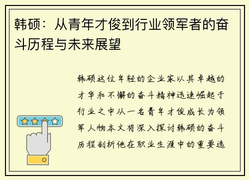 韩硕：从青年才俊到行业领军者的奋斗历程与未来展望
